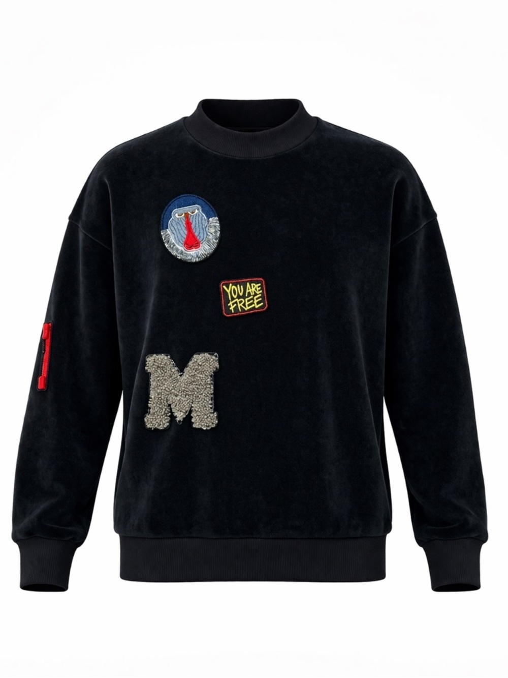 Velour patch crew neck pullover Genderless plush black long sleeve sweatshirt